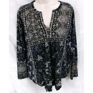 Lucky Brand Black White Floral Boho Knit Top Long Sleeve Womens Size Medium